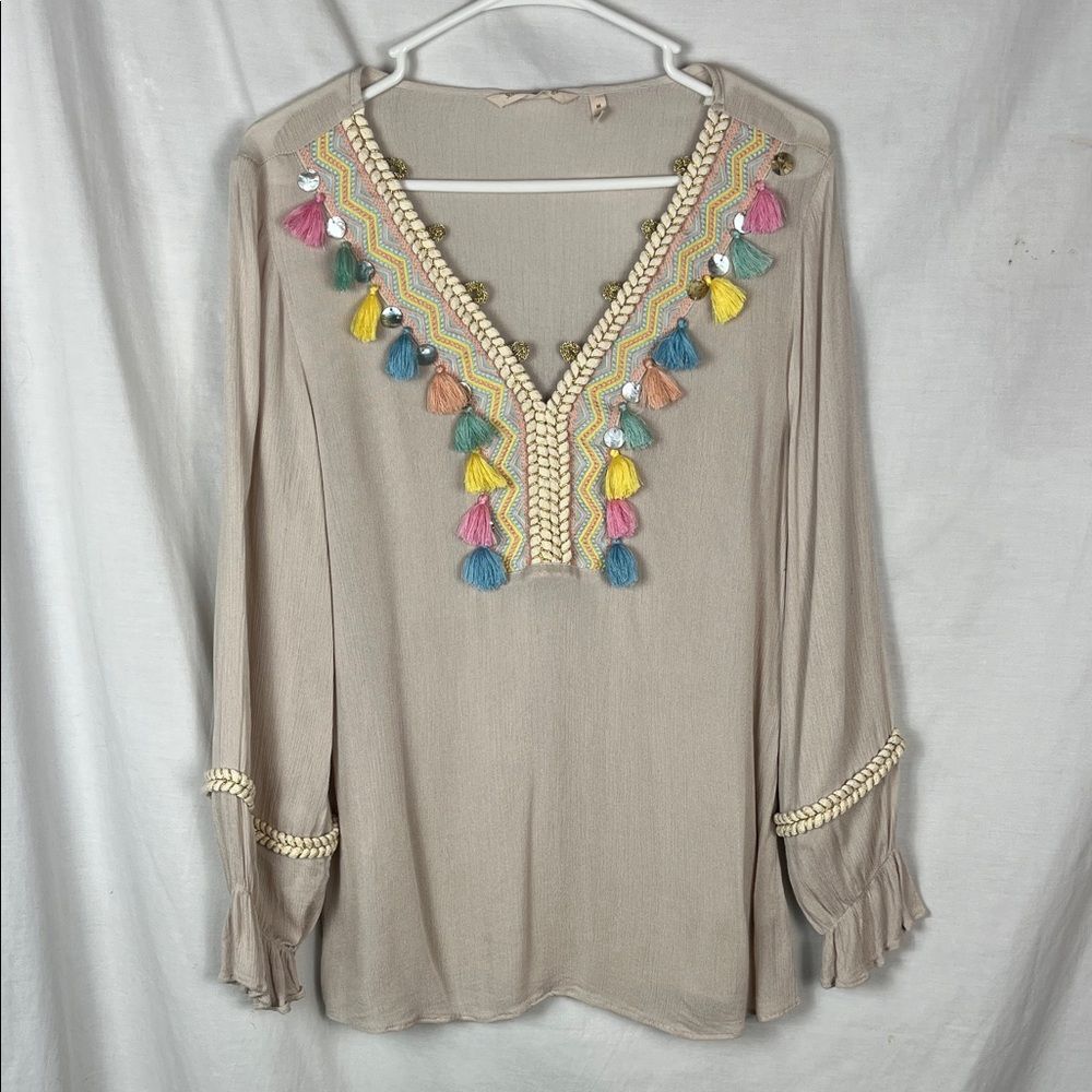 Boho Lightweight Soft Surroundings Cream Blouse with Tassels and Embroidery